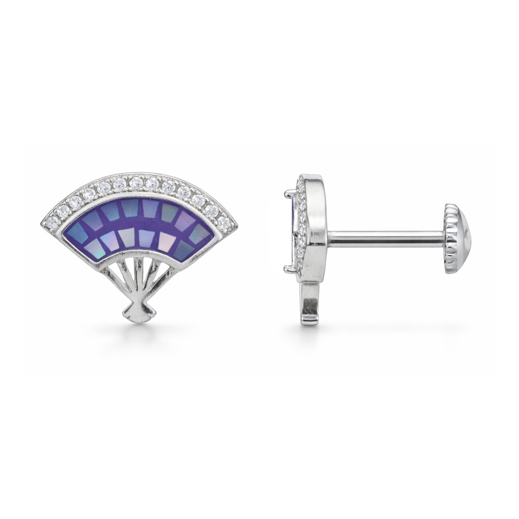 Silver earrings with purple and blue fan-shaped design on a white background