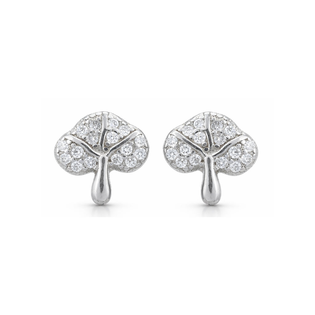 Pair of silver earrings with leaf design on a white background