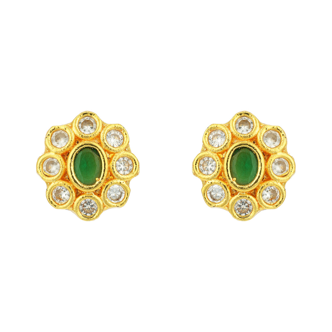 Classic Gold Plated Green Stone CZ Floral Pattern 925 Sterling Silver Stud for Women