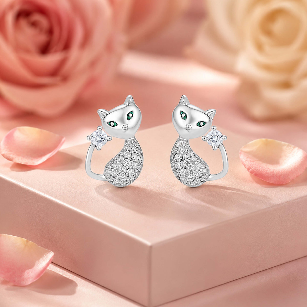 Silver Crystal Cat Stud Earrings