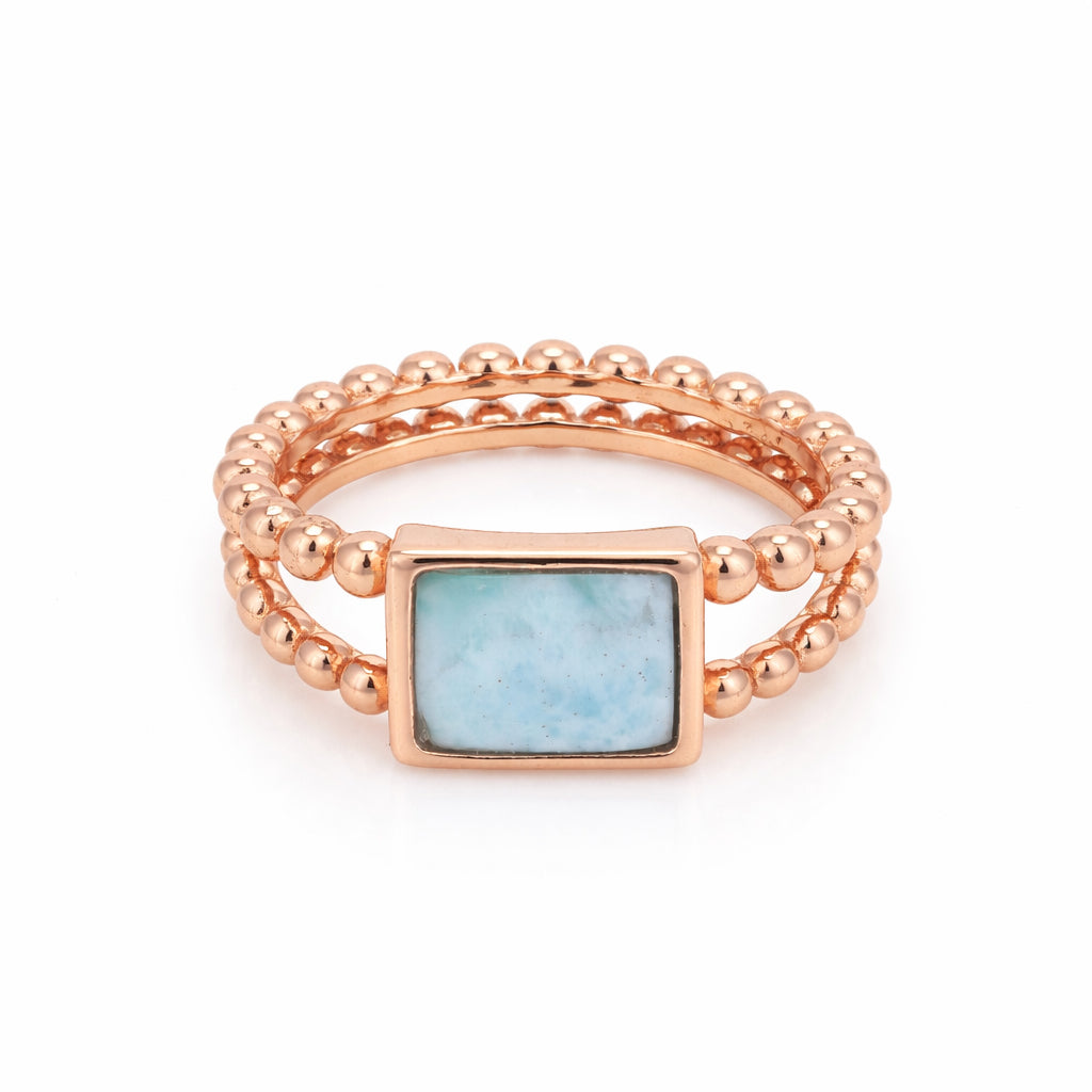 Rectangular Aqua Stone Double Beaded 925 Sterling Silver Ring for Women