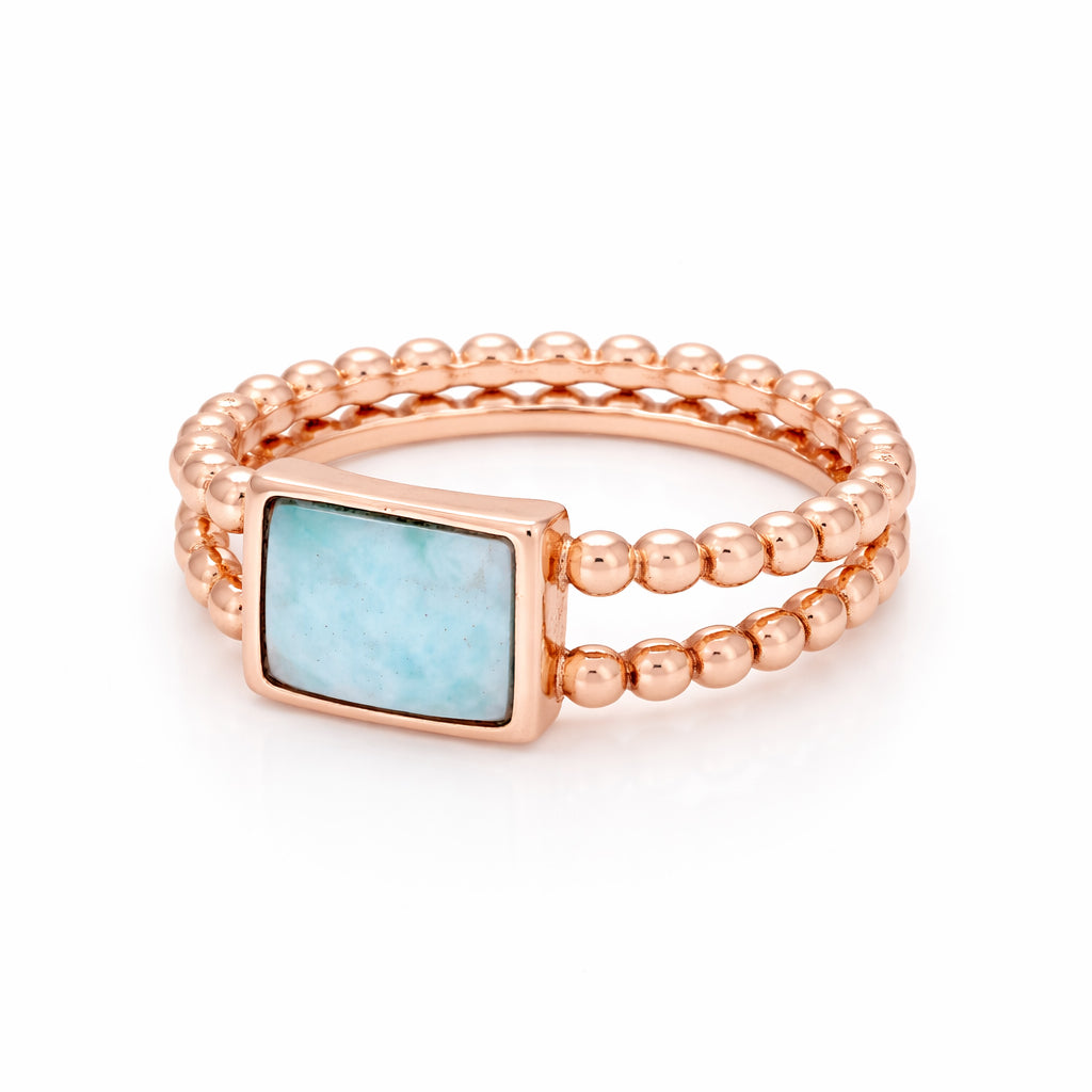 Rectangular Aqua Stone Double Beaded 925 Sterling Silver Ring for Women