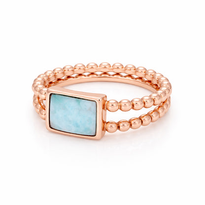 Rectangular Aqua Stone Double Beaded 925 Sterling Silver Ring for Women