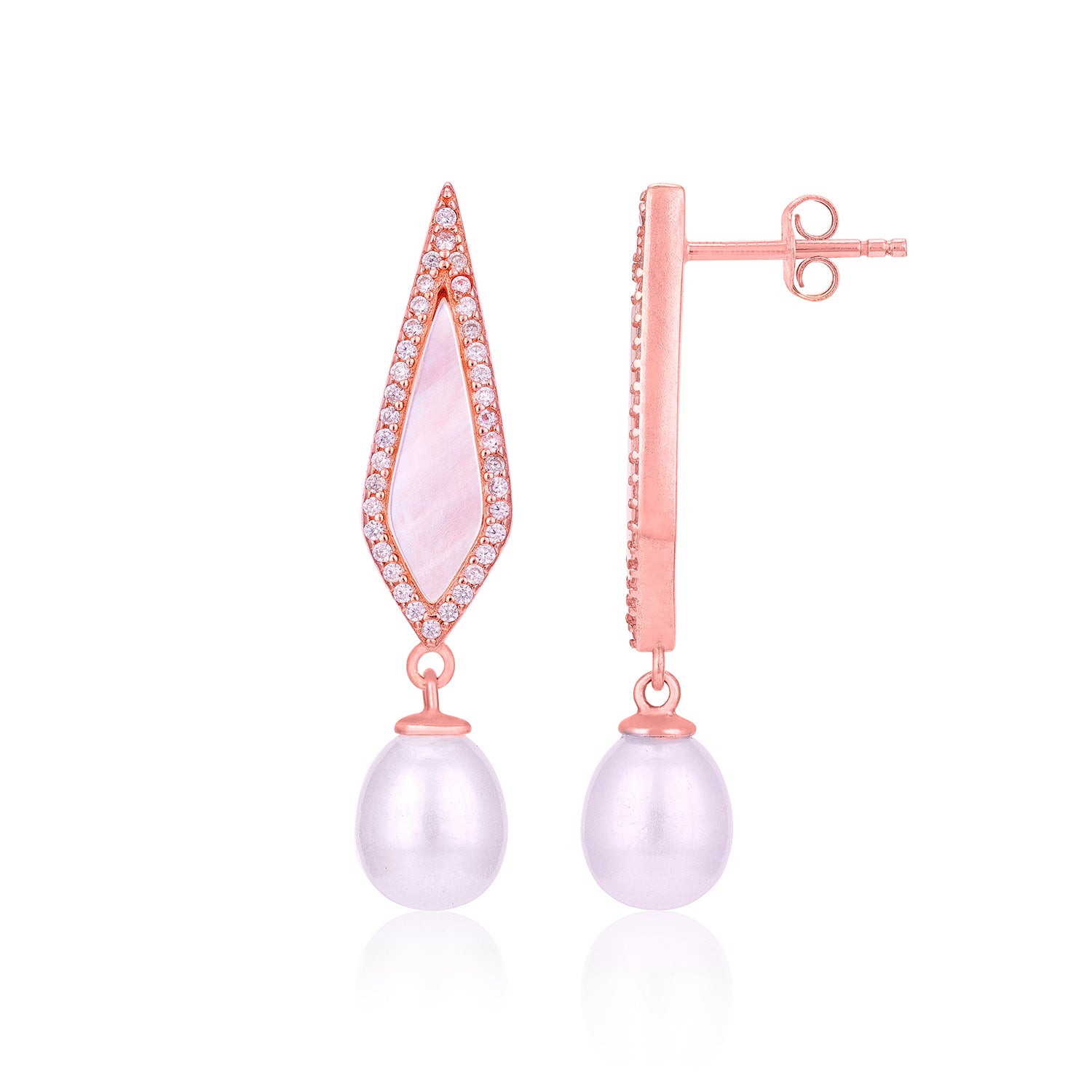 Rose gold earrings with pink gemstones and pearls on a white background