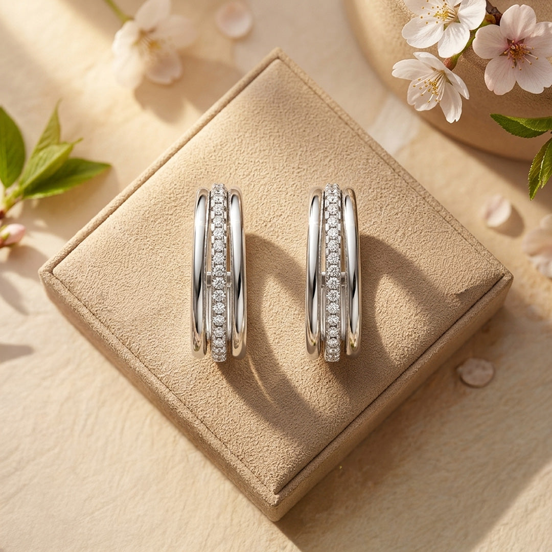 Triple Band 925 Sterling Silver Crystal Hoop Earrings