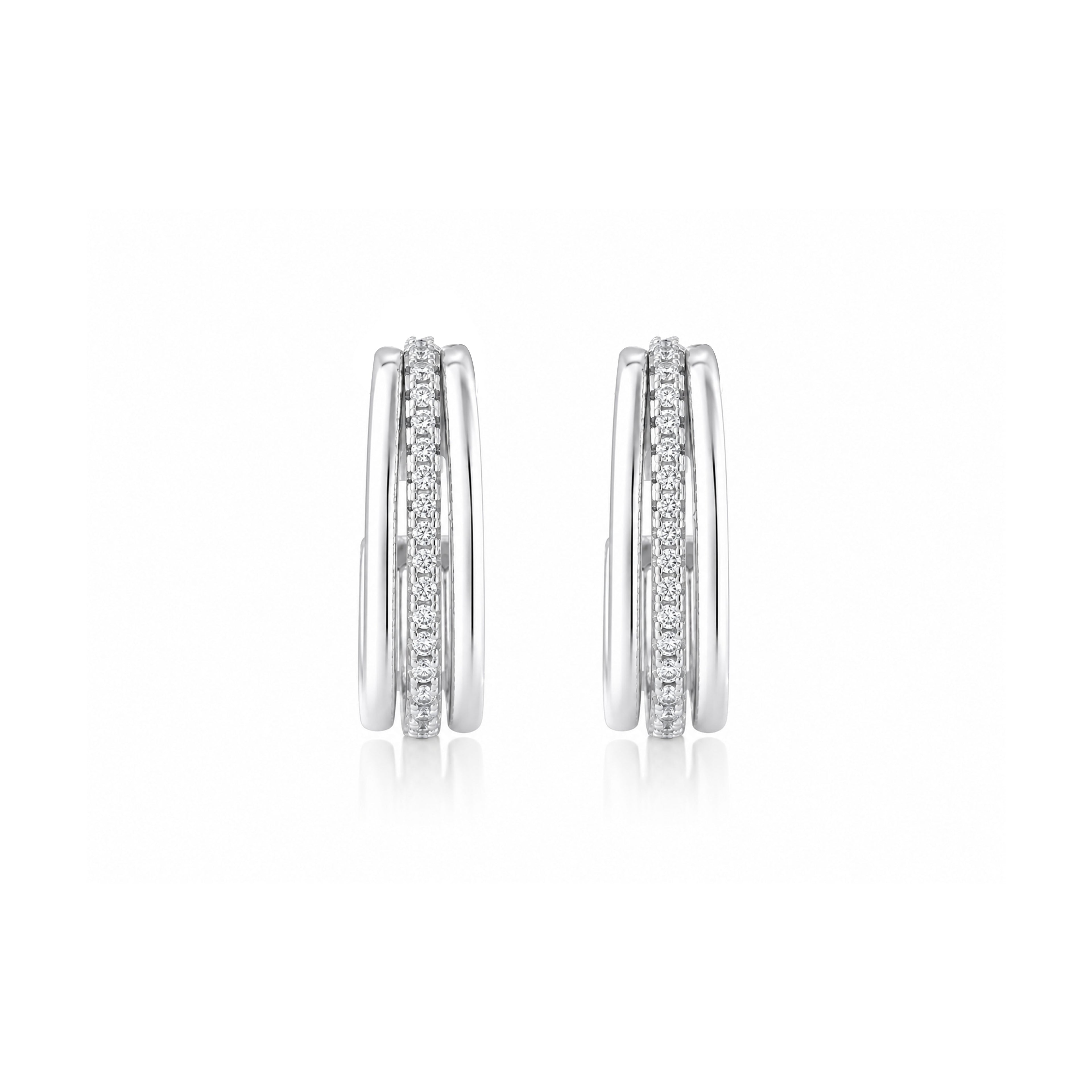 Triple Band 925 Sterling Silver Crystal Hoop Earrings