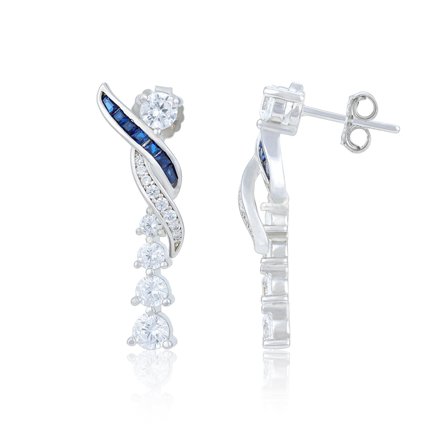 Silver earrings with blue and clear gemstones on a white background