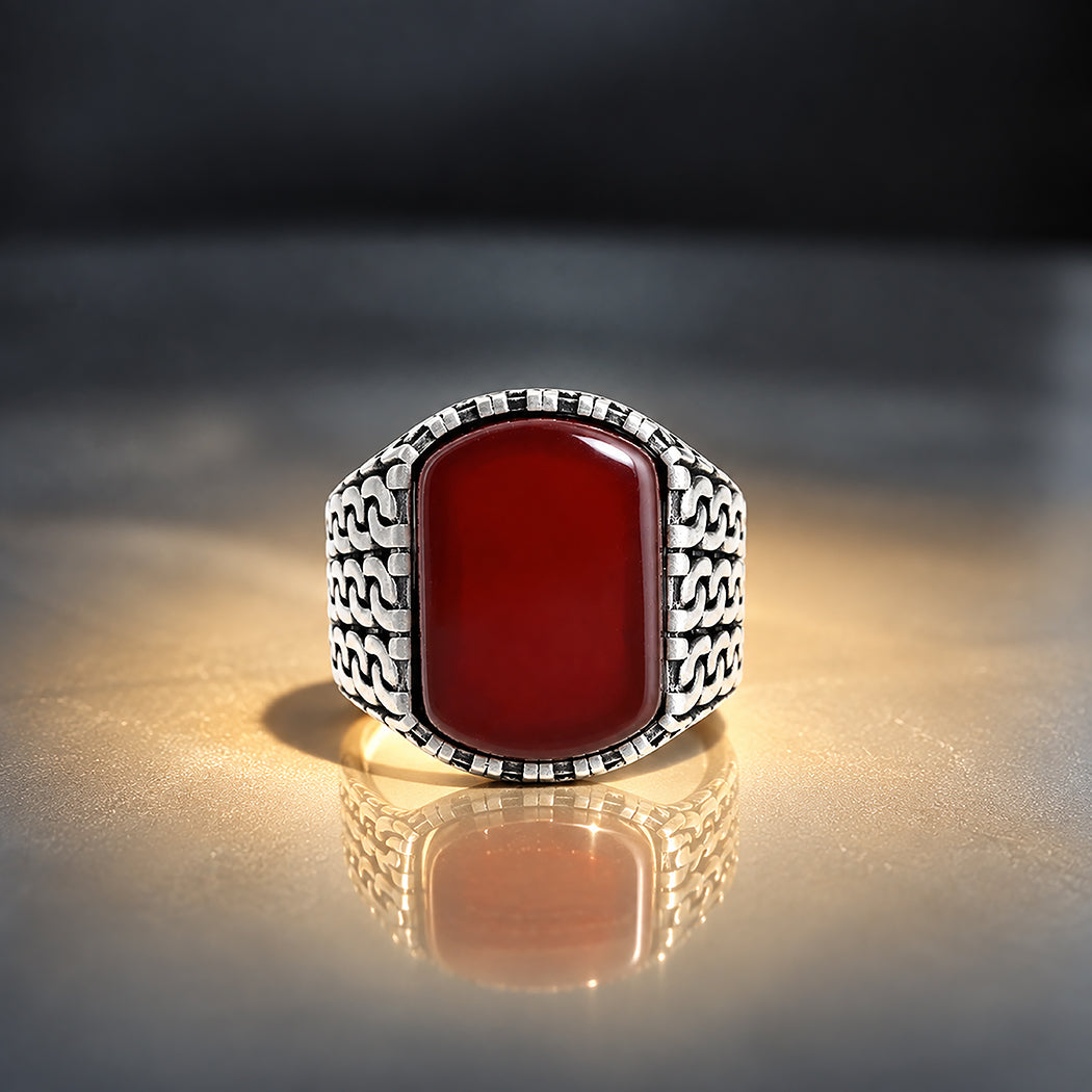 Revamp Red Agate Sterling Silver Oxidised Cuban Pattern Ring