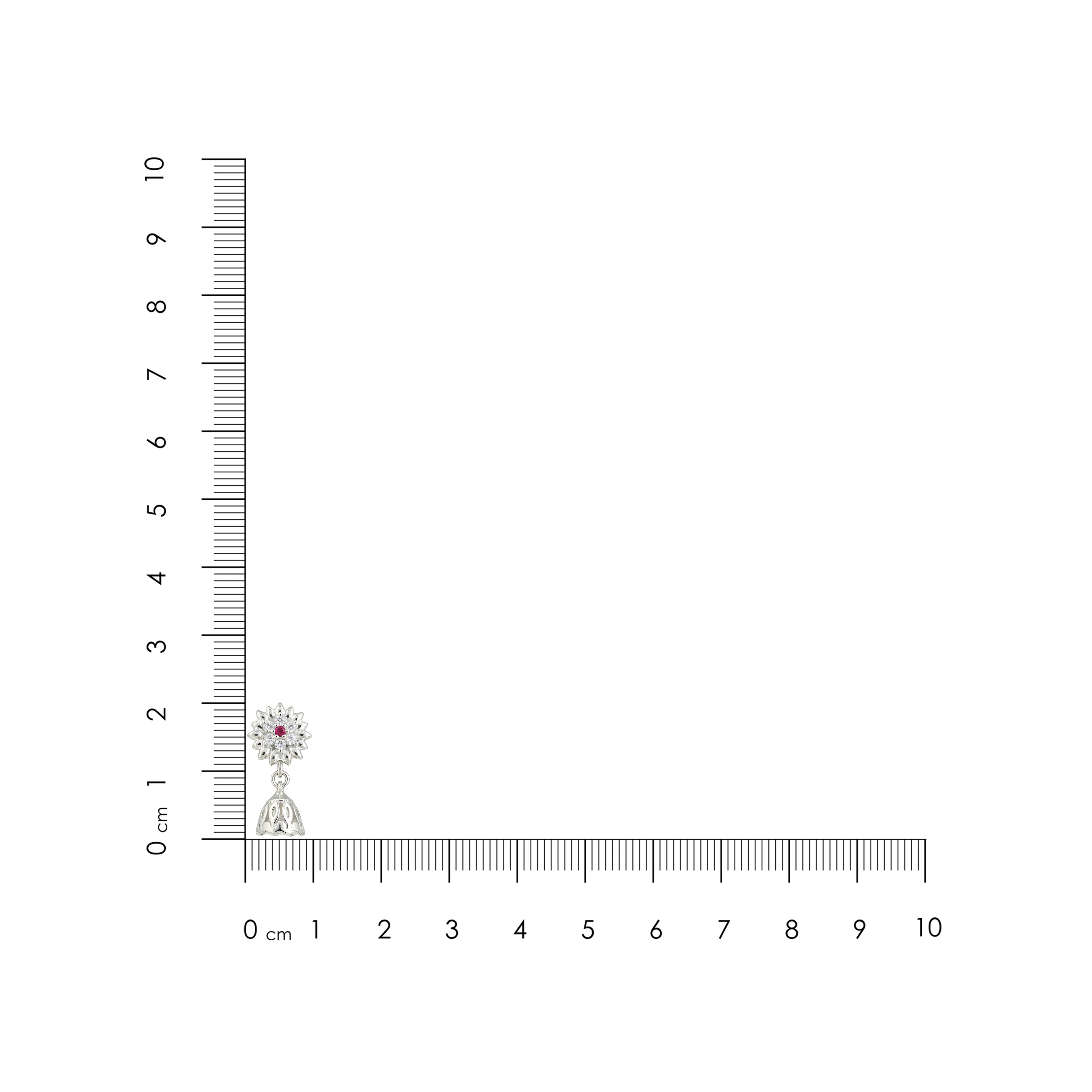 Small green and orange object next to a ruler on a white background
