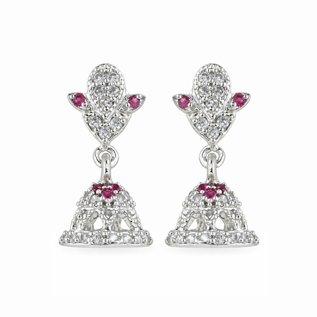 Pair of silver earrings with pink gemstones on a white background