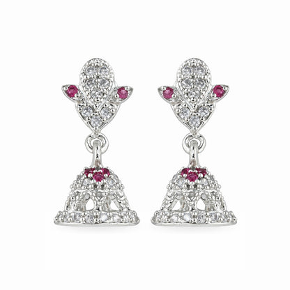 Pair of silver earrings with pink gemstones on a white background