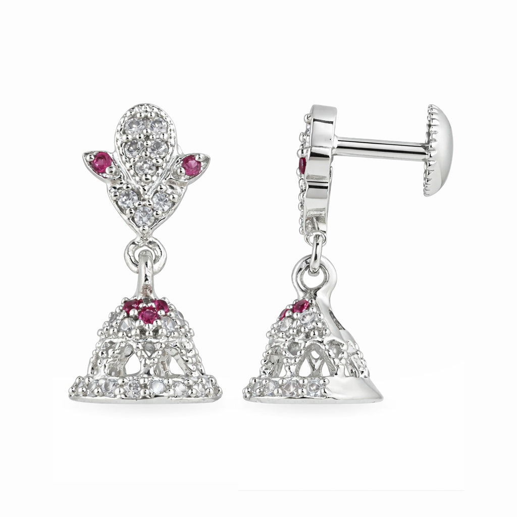 Silver earrings with intricate designs and red gemstones on a white background