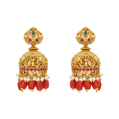Grand Golden Radha Krishna Temple Ruby Pearl Fringe 925 Sterling Silver Jhumka for Women