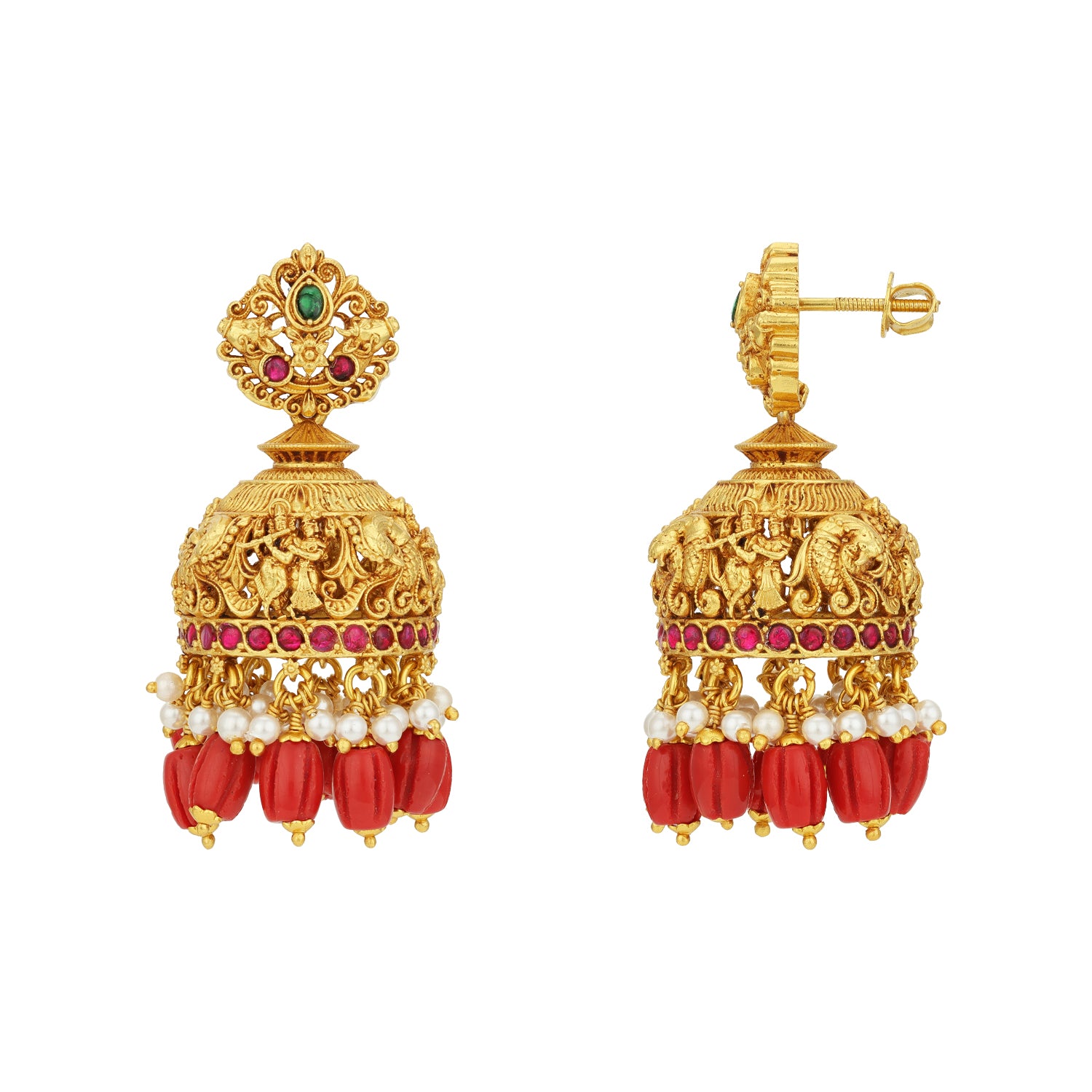 Grand Golden Radha Krishna Temple Ruby Pearl Fringe 925 Sterling Silver Jhumka for Women