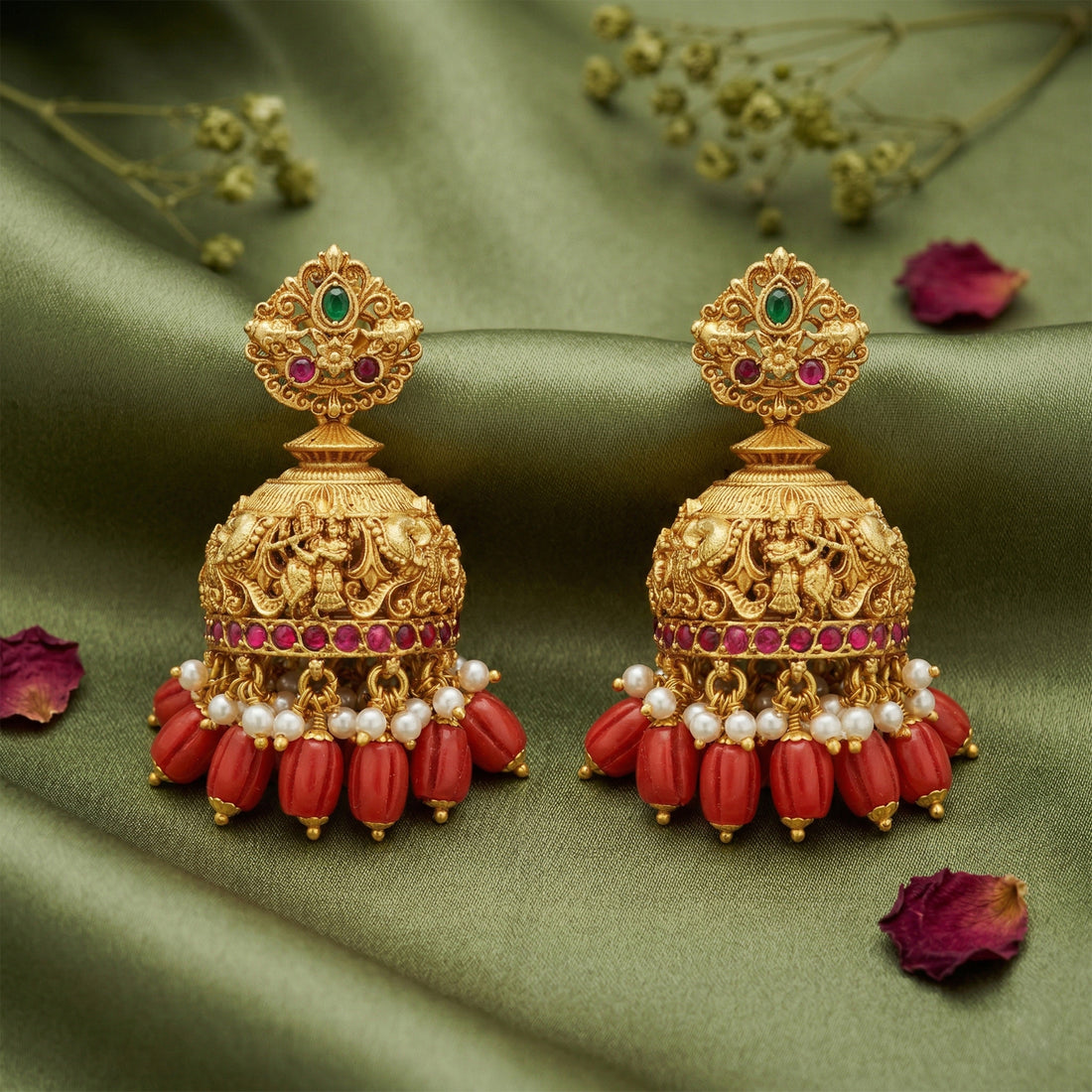 Grand Golden Radha Krishna Temple Ruby Pearl Fringe 925 Sterling Silver Jhumka for Women