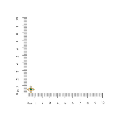 Gold and green gemstone earring next to a ruler on a white background