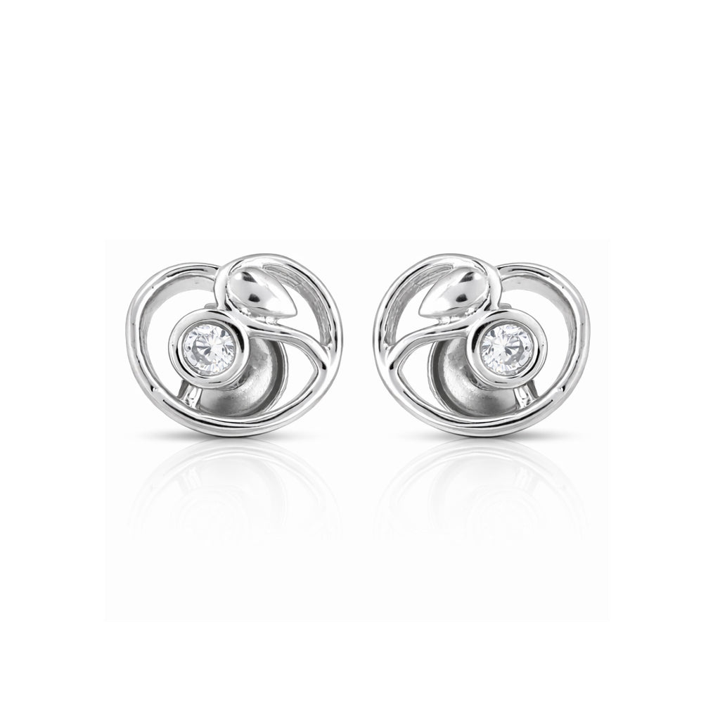 Pair of silver earrings with circular design and clear gemstones on a white background