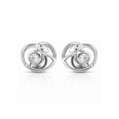 Pair of silver earrings with circular design and clear gemstones on a white background