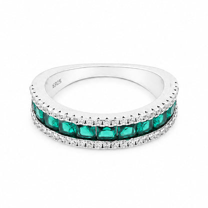 Luxe Green Multi-Row Glitter 925 Sterling Silver Ring for Women