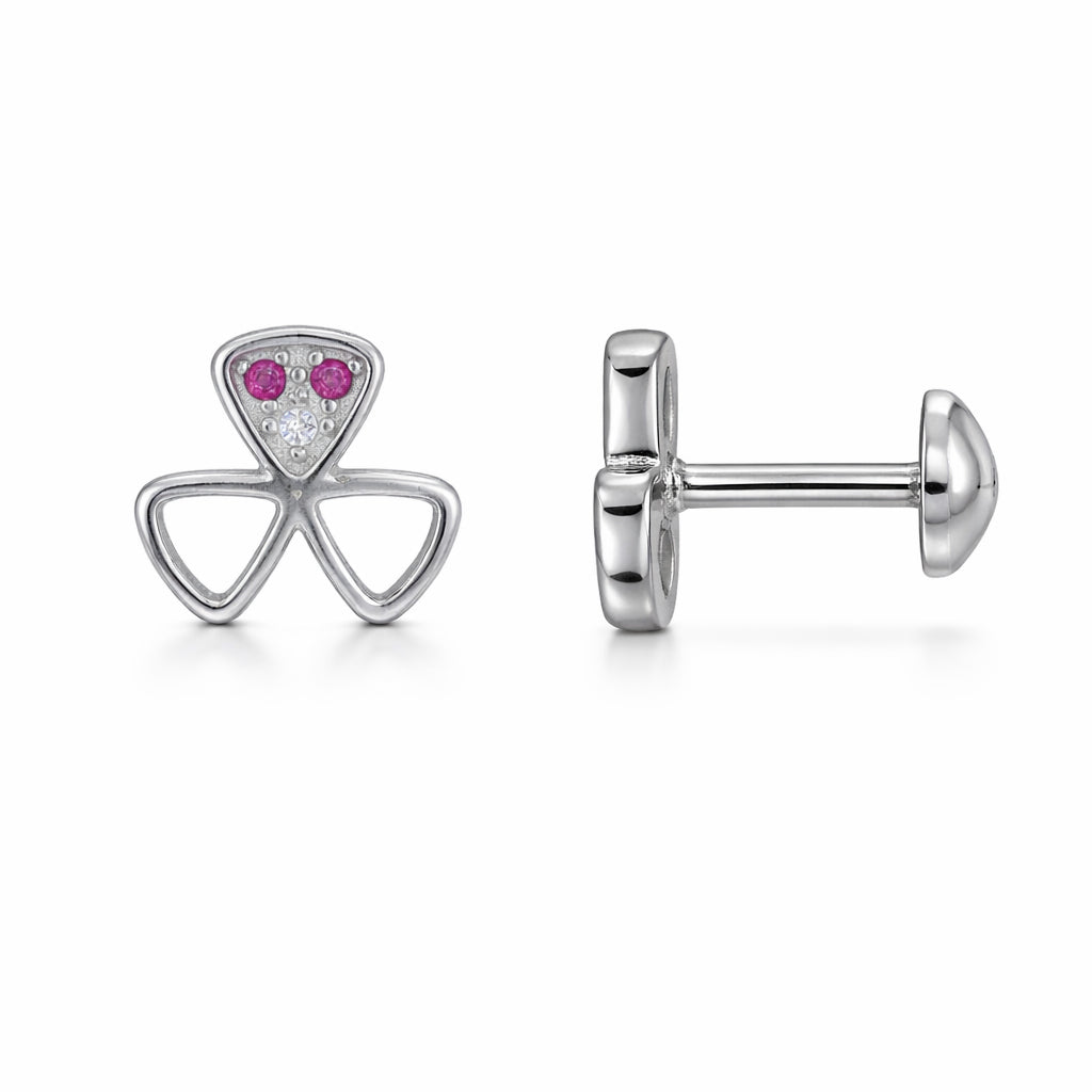 Silver earring with pink gemstones on a white background