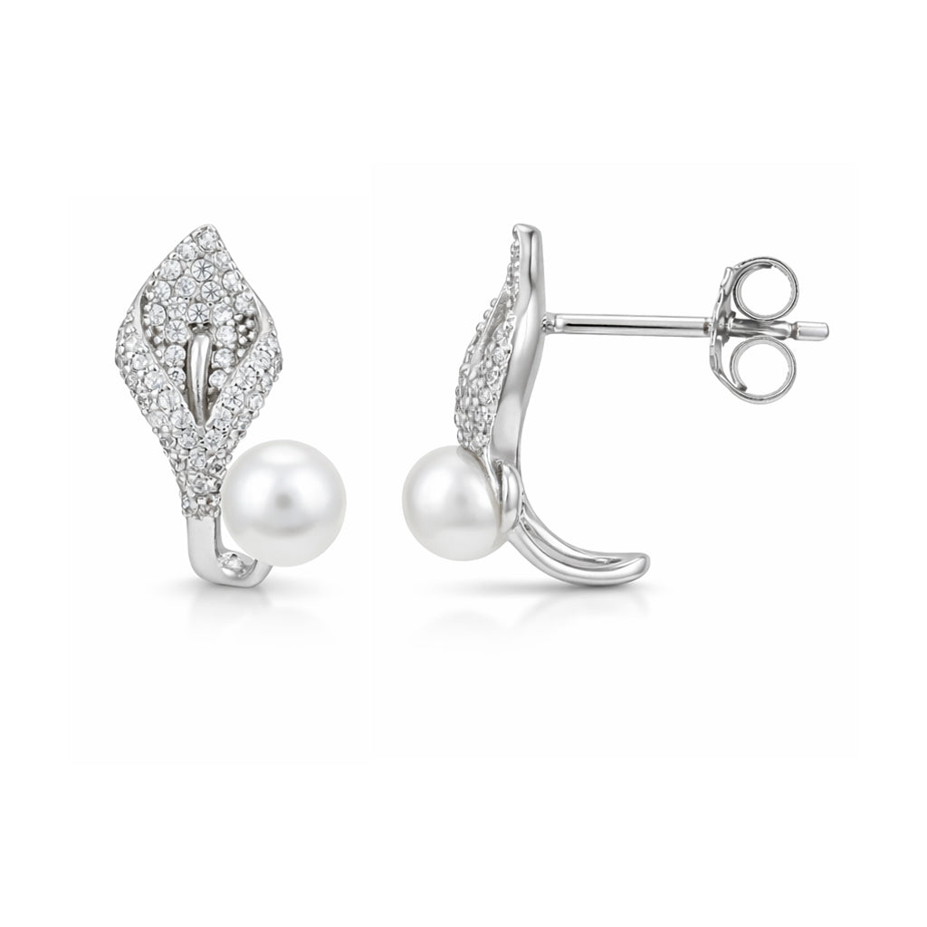 Pair of silver earrings with pearls on a white background