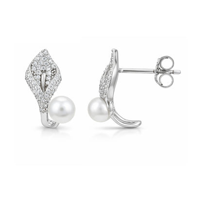 Pair of silver earrings with pearls on a white background