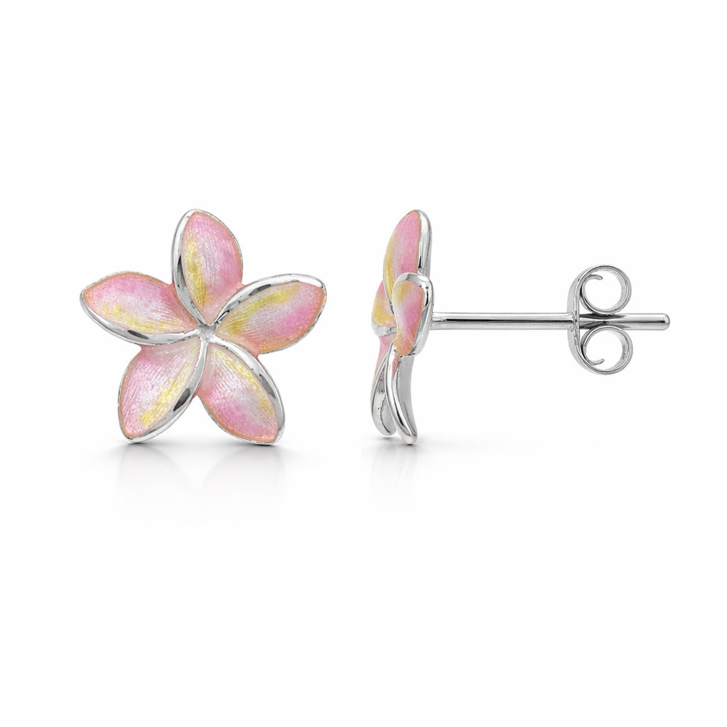 Flower-shaped earrings with pink and yellow enamel on a white background