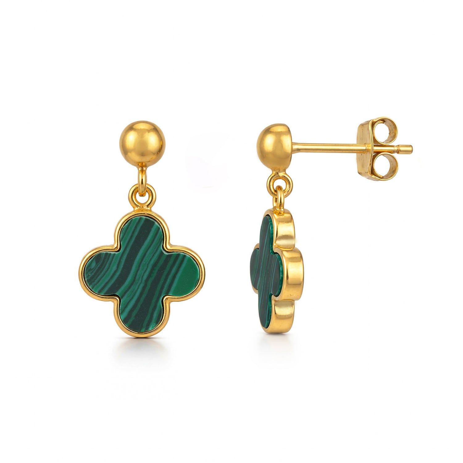 Gold earrings with green clover-shaped stones on a white background