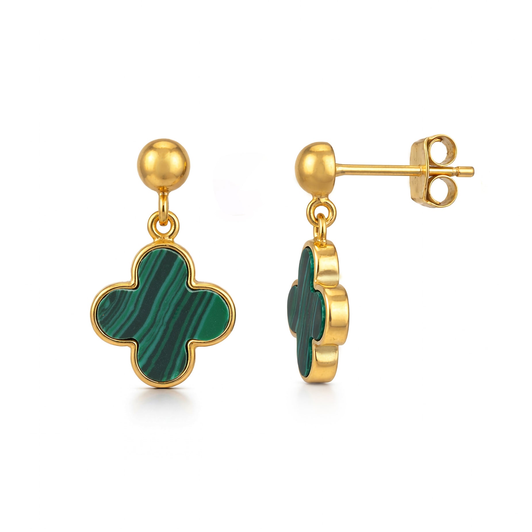 Gold earrings with green clover-shaped stones on a white background