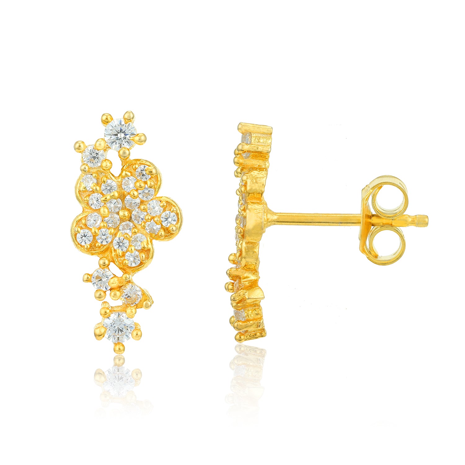 Gold earrings with diamond accents on a white background