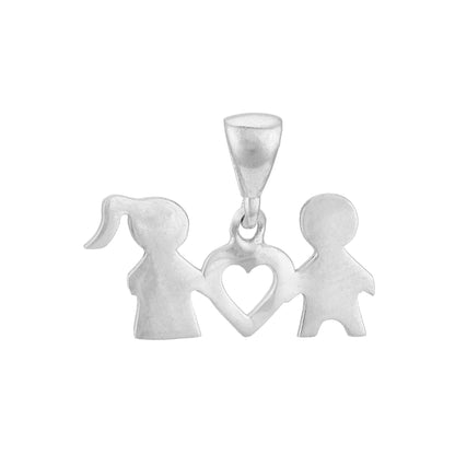 Silver pendant with two figures holding a heart on a white background