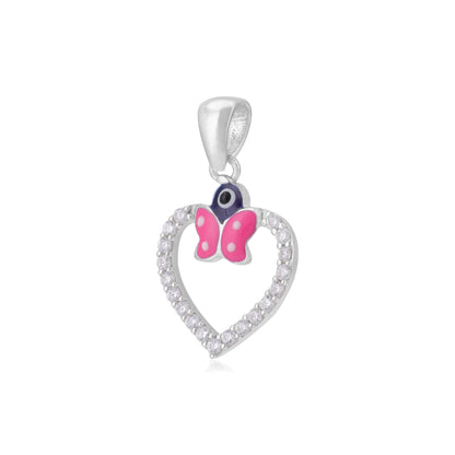 925 Candy Pink Flutter Enamel Rhodium Plated Heart Pendants