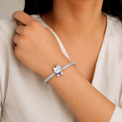 Cartoon Cat Crystal Pave Silver Kada