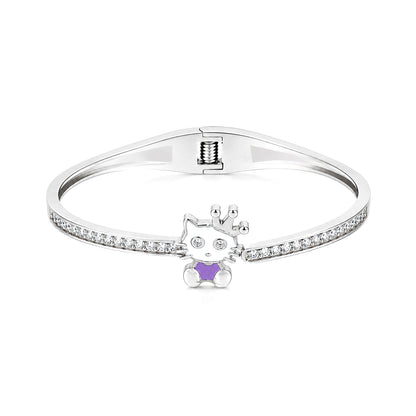 Cartoon Cat Crystal Pave Silver Kada