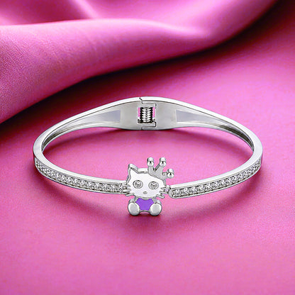Cartoon Cat Crystal Pave Silver Kada