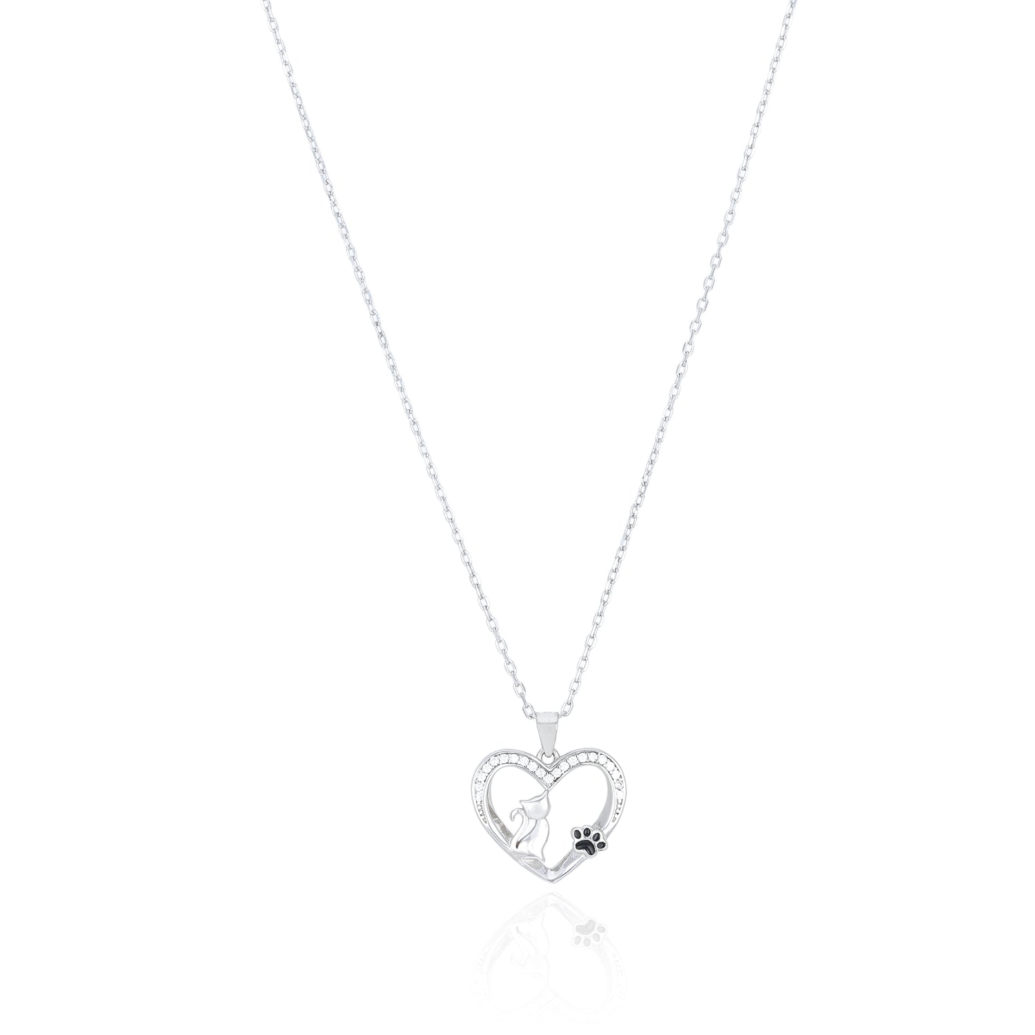 Cat Motif Heart Silver Chain Pendant