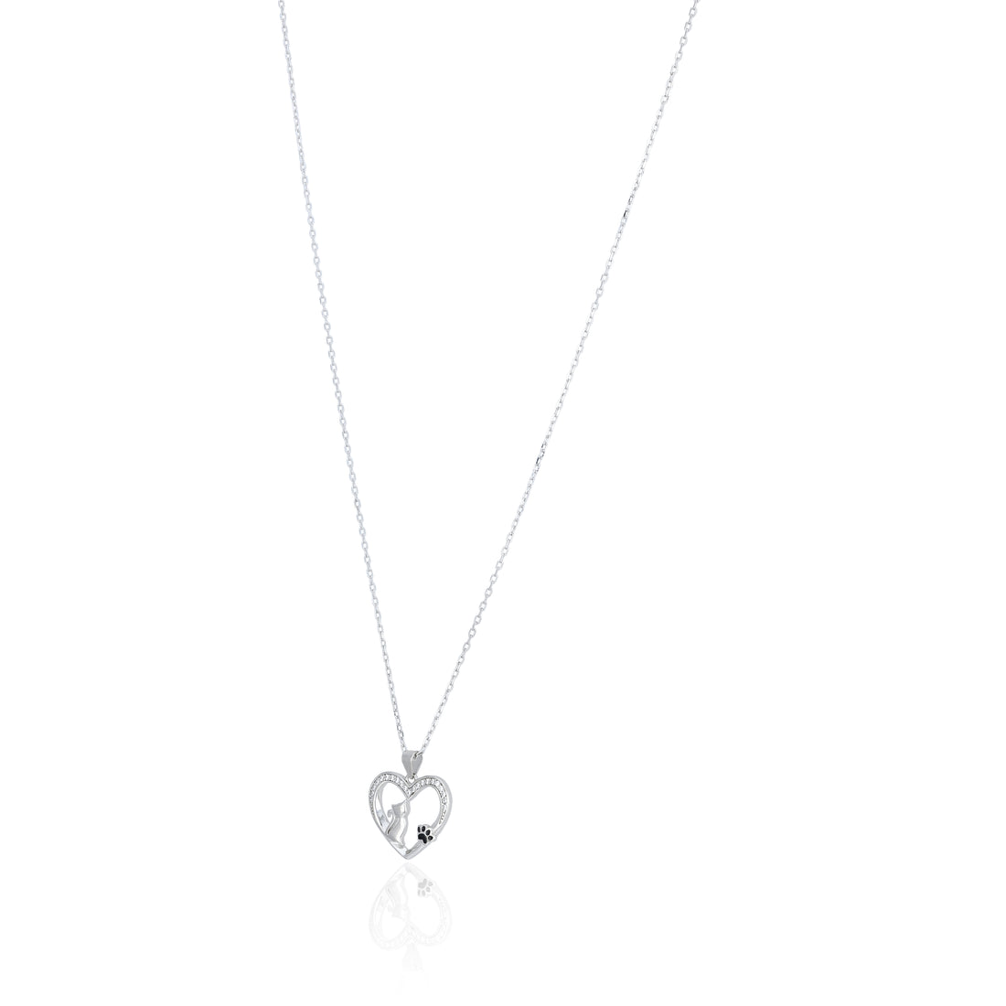 Cat Motif Heart Silver Chain Pendant