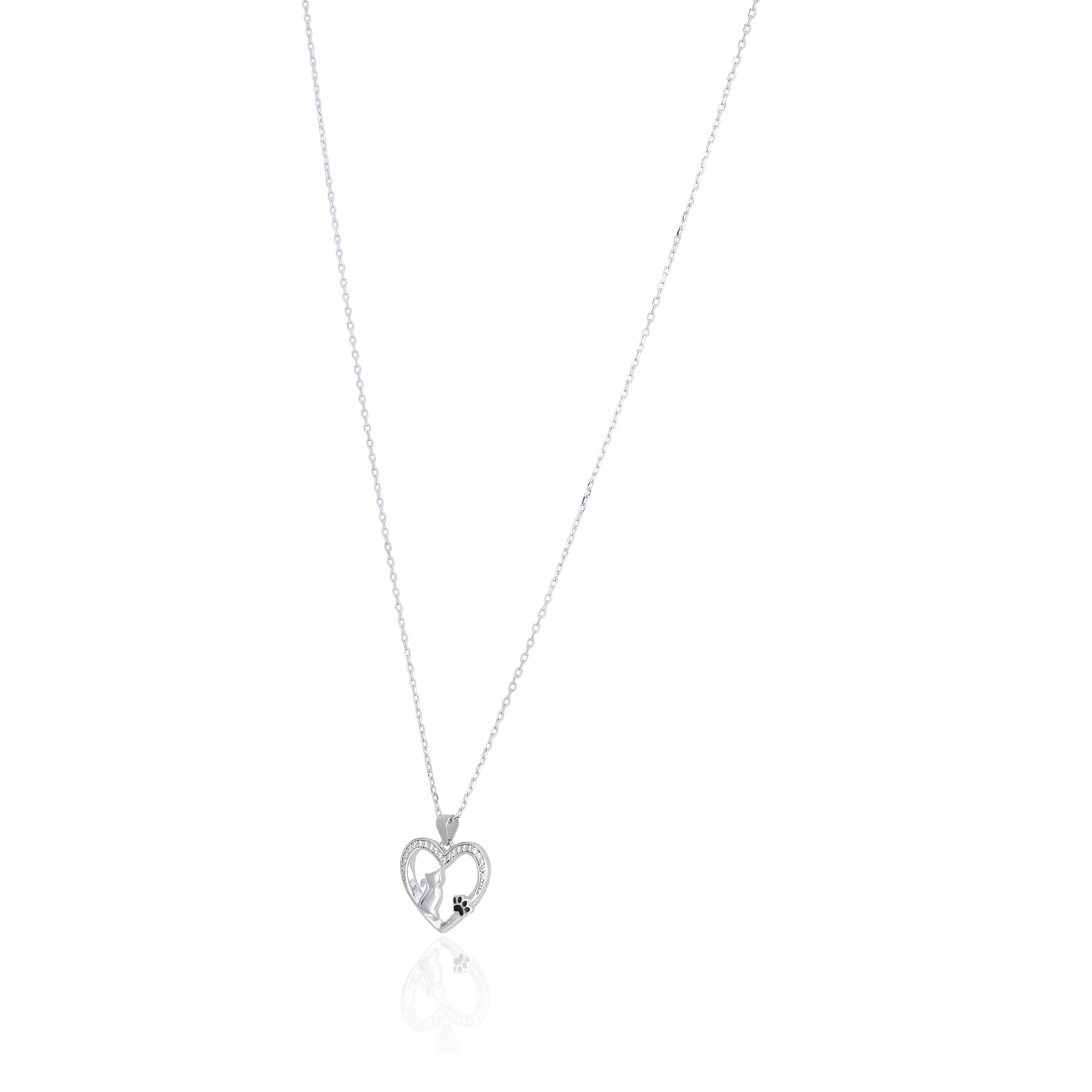Cat Motif Heart Silver Chain Pendant