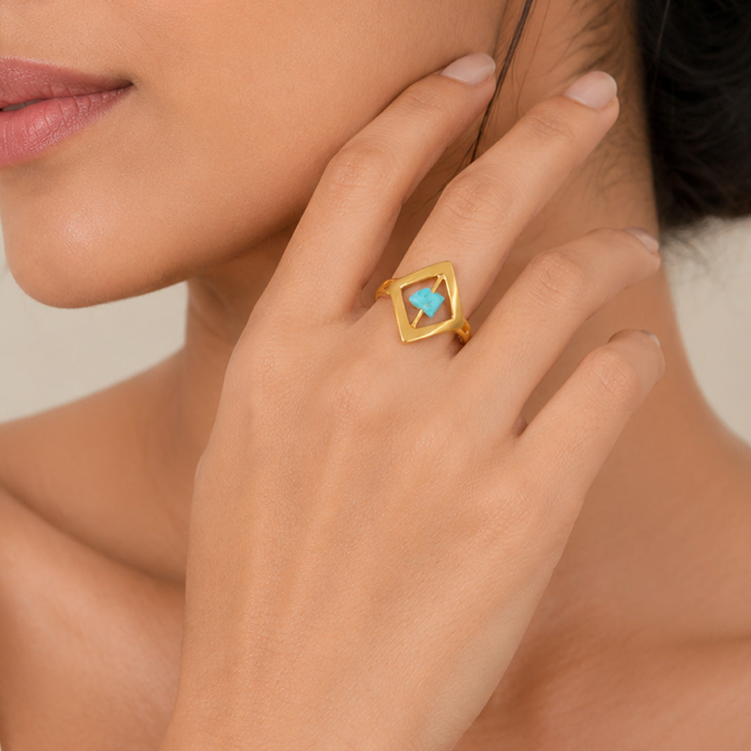 Celestial Aqua Stone Golden Geometric Statement Designer Ring
