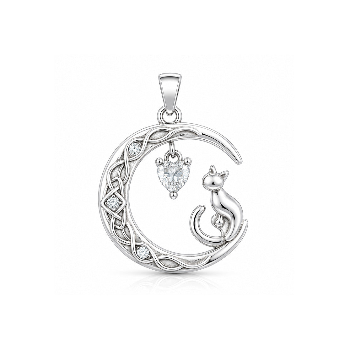 Celestial Cat Moon Heart 925 Sterling Silver Pendant for women