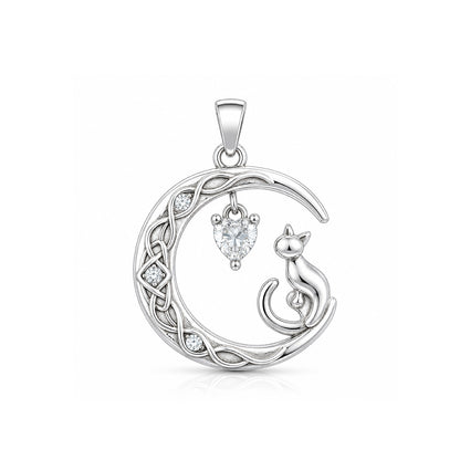 Celestial Cat Moon Heart 925 Sterling Silver Pendant for women