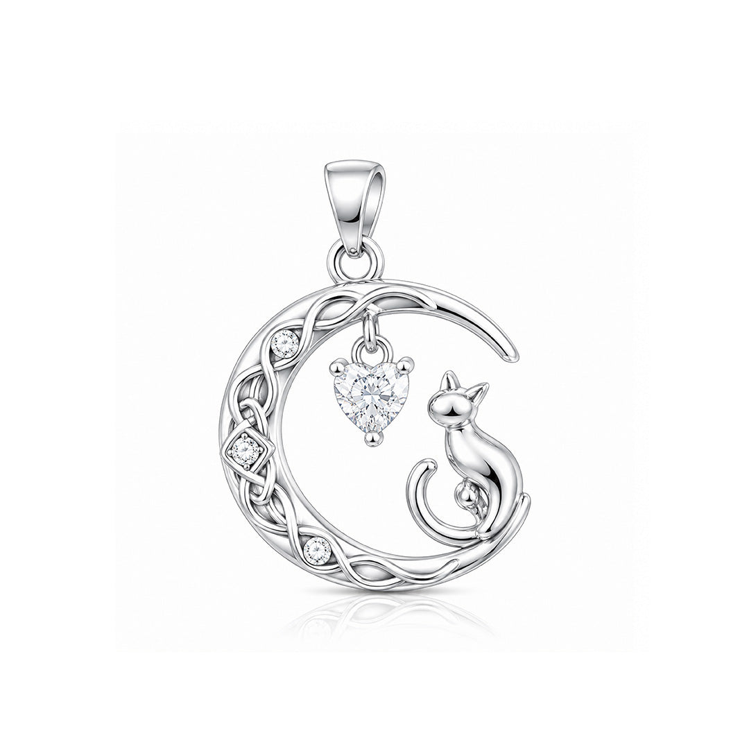 Celestial Cat Moon Heart 925 Sterling Silver Pendant for women