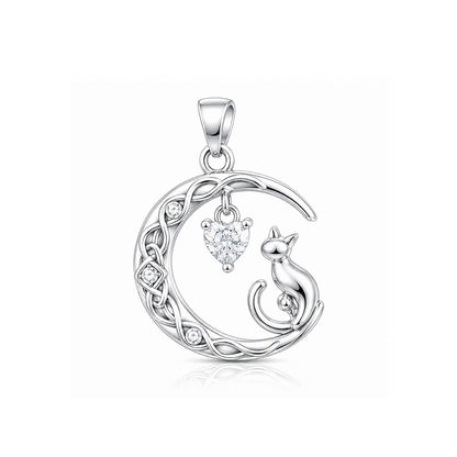 Celestial Cat Moon Heart 925 Sterling Silver Pendant for women