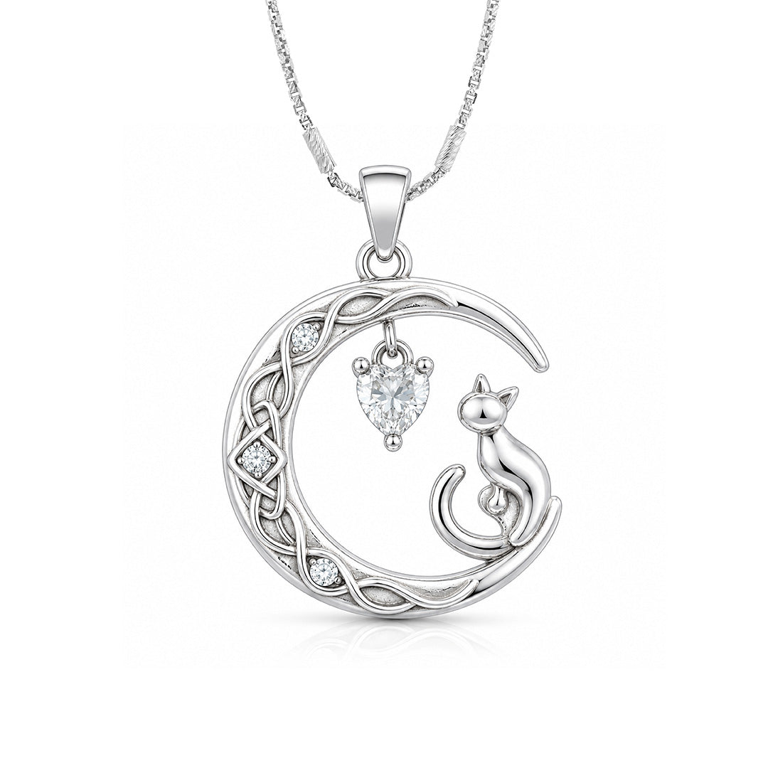 Celestial Cat Moon Heart 925 Sterling Silver Pendant for women