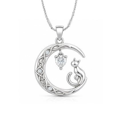 Celestial Cat Moon Heart 925 Sterling Silver Pendant for women
