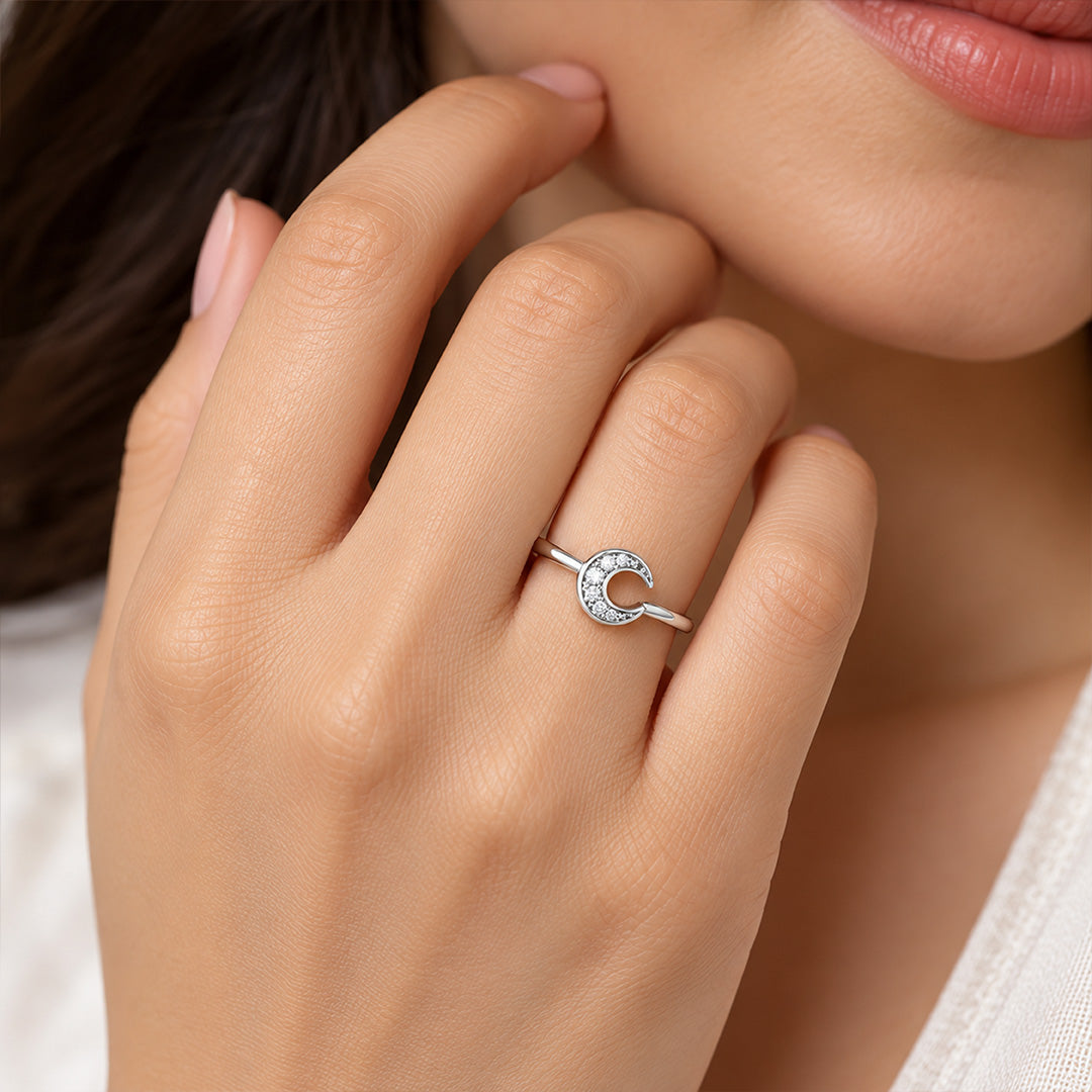 Celestial Crescent Moon Pave Sterling Silver Ring