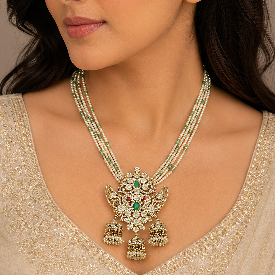 Celestial Kundan Pearl Golden Layered Traditional Designer Haram
