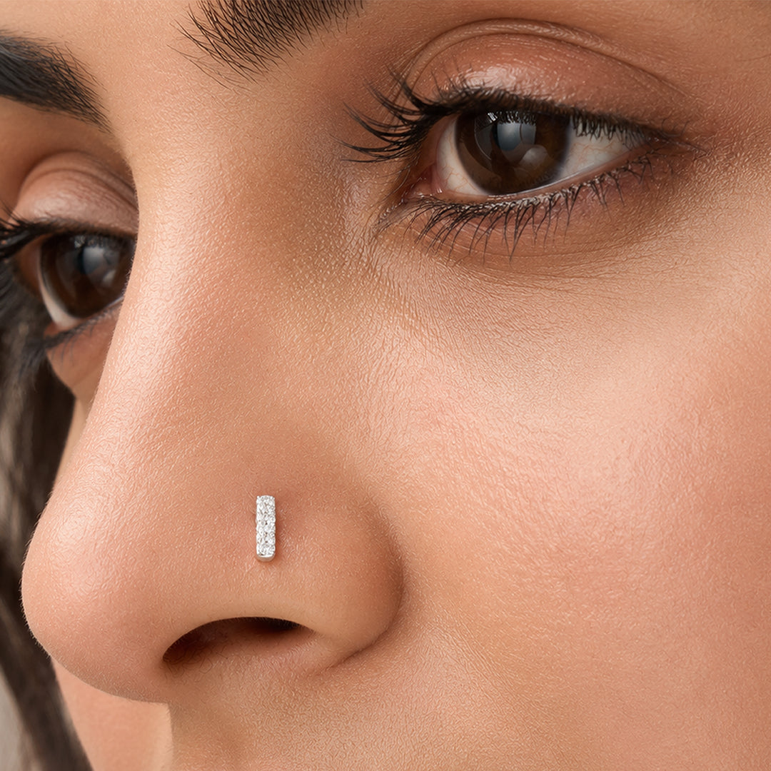 Celestial Shimmer Vertical Crystal Silver Nose Pin