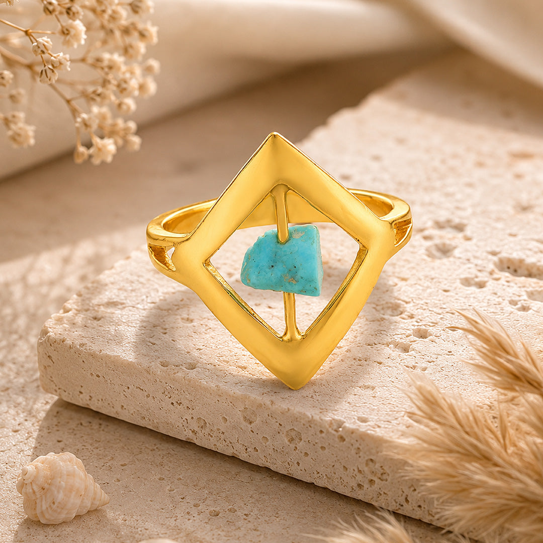 Celestial Aqua Stone Golden Geometric Statement Designer Ring