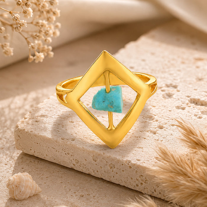 Celestial Aqua Stone Golden Geometric Statement Designer Ring